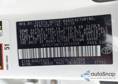 2020 Toyota Camry Le из США, поврежденный, VIN 4T1C11AK7LU313359